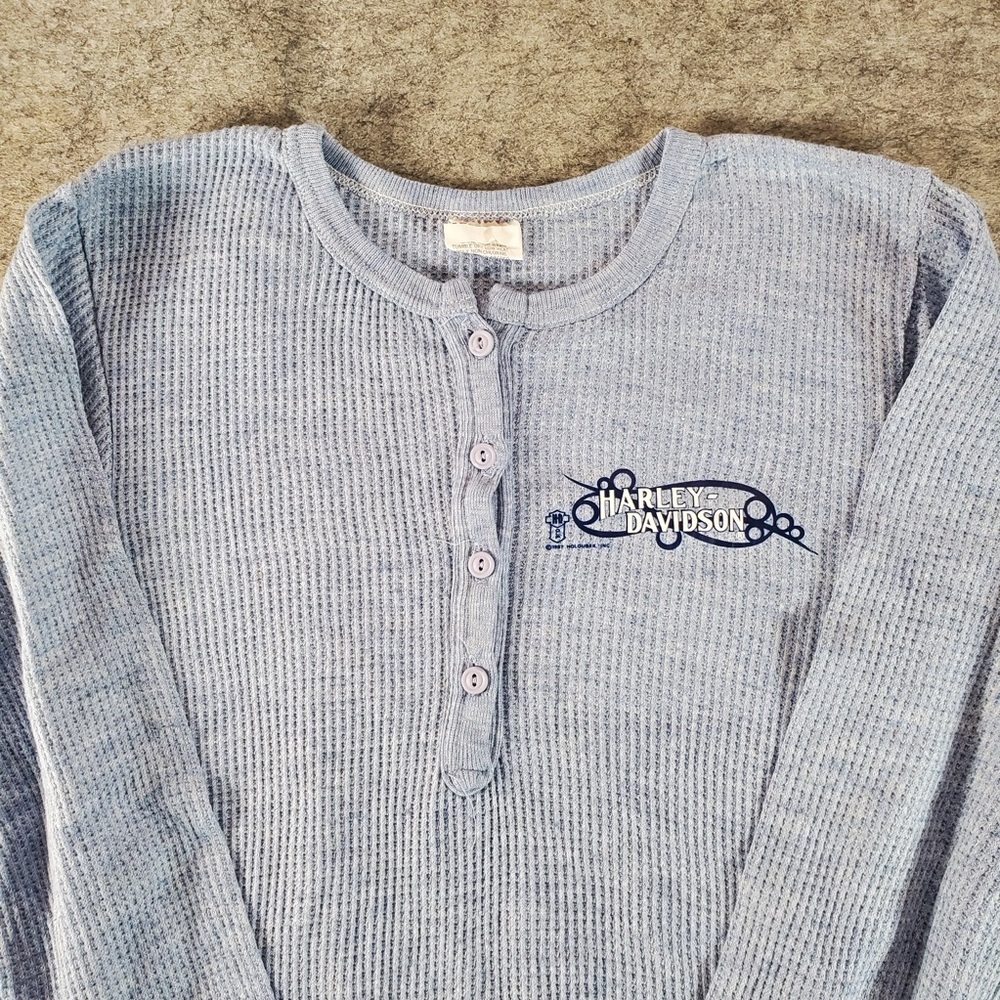 Vintage Harley Davidson Thermal Shirt Women Medium Blue 1987 Holubek Waffle Knit - Picture 2 of 12